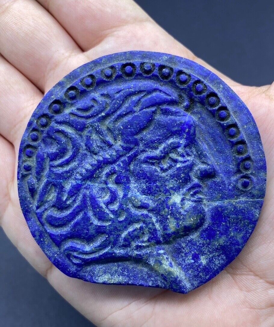 Rare Beautiful Old They Great Alexander Greek Face Engraved Lapis Stone Tile