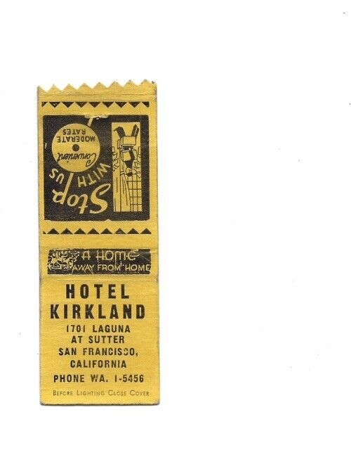 c1940s Hotel Kirkland Sutter San Francisco California CA Matchbook Cover