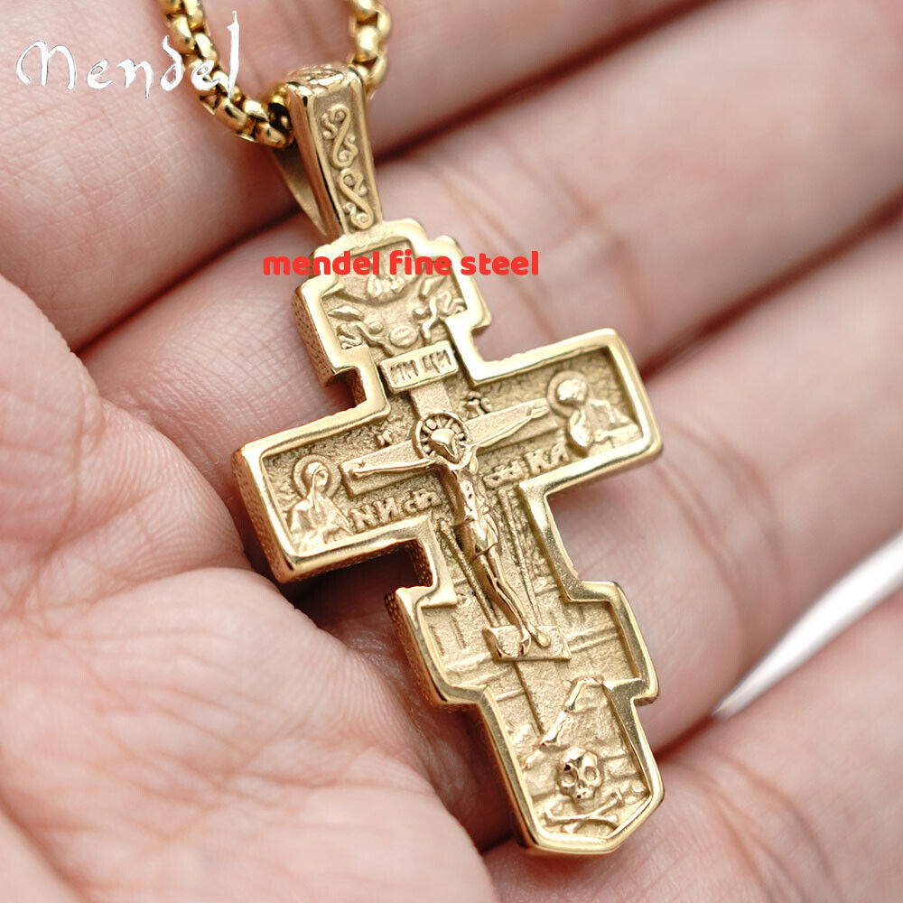 MENDEL Mens Gold Russian Orthodox Jesus Crucifix Cross Pendant Necklace For Men