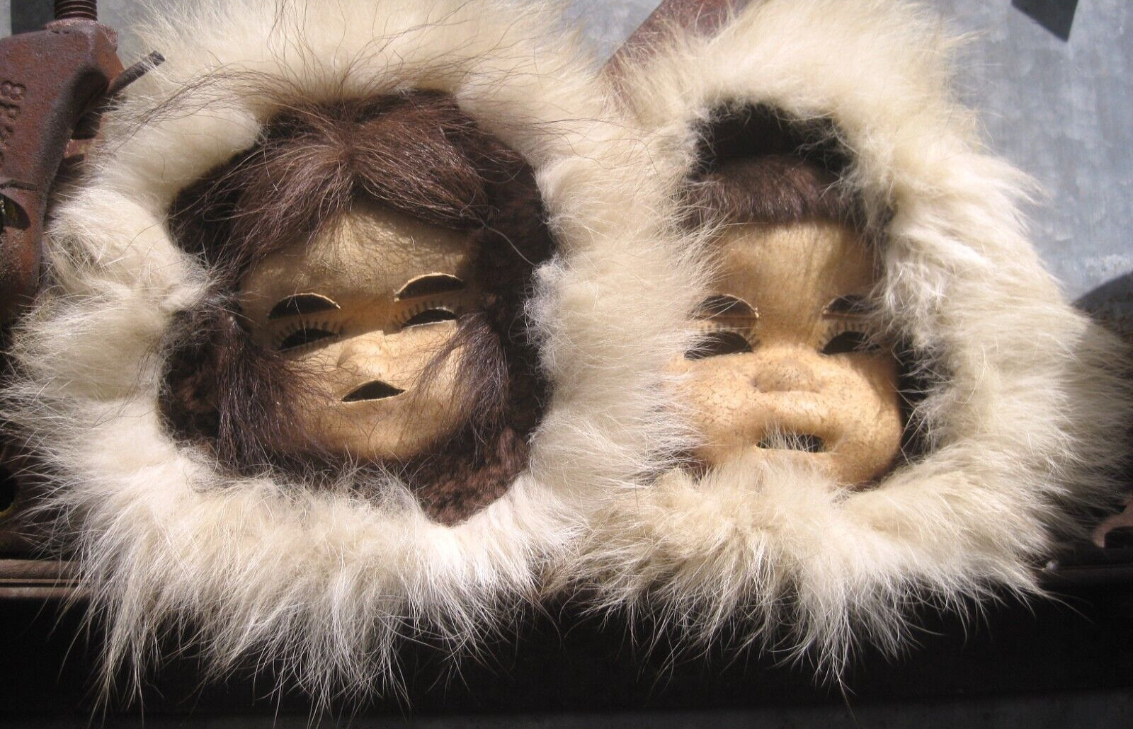 Vintage Handmade Pair of Native Alaskan Inuit Fur Hide Masks Made in Alaska