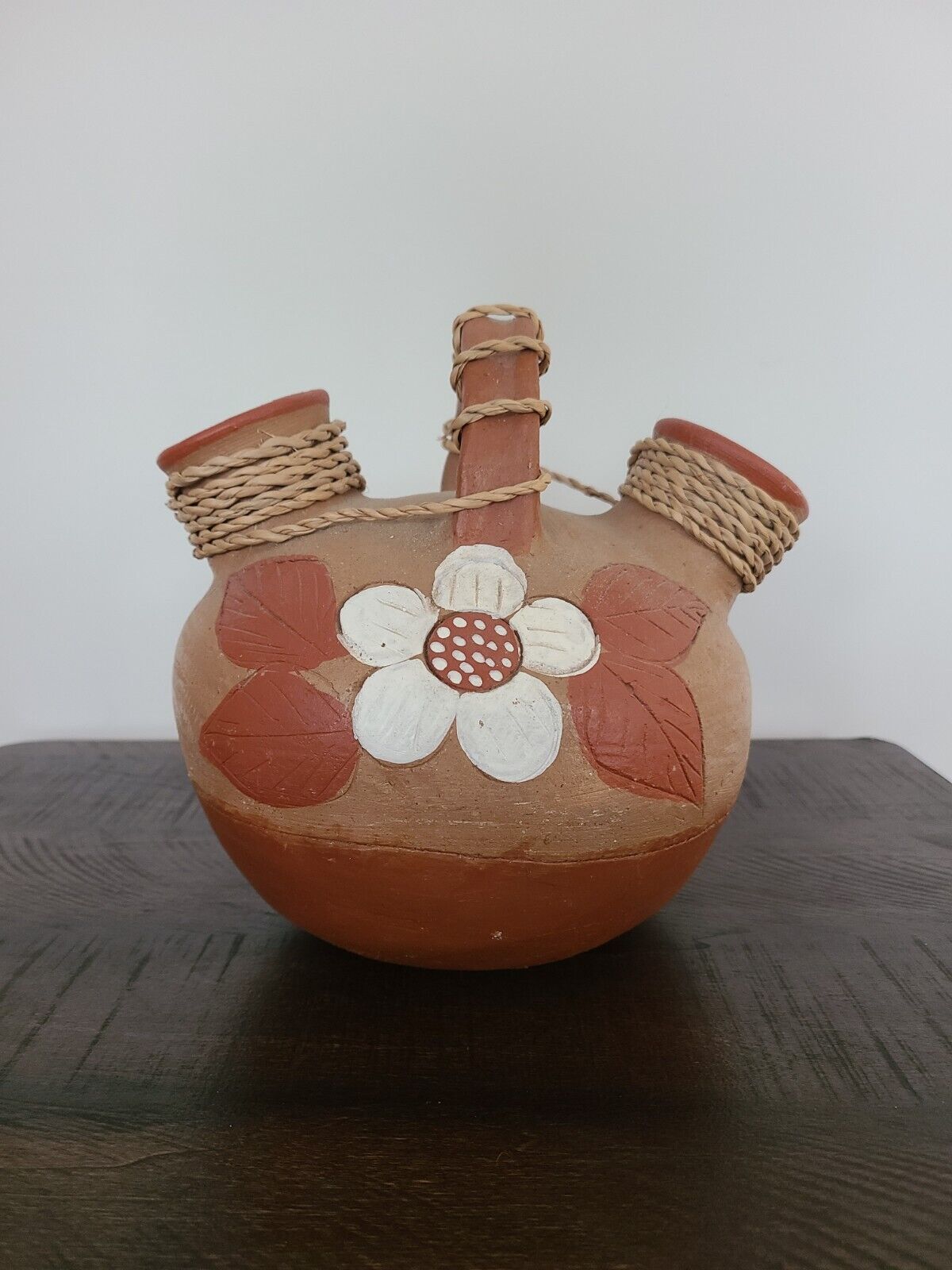 VTG Mexican Red Clay Pottery White Flower Wedding Vase Water Ewer EUC