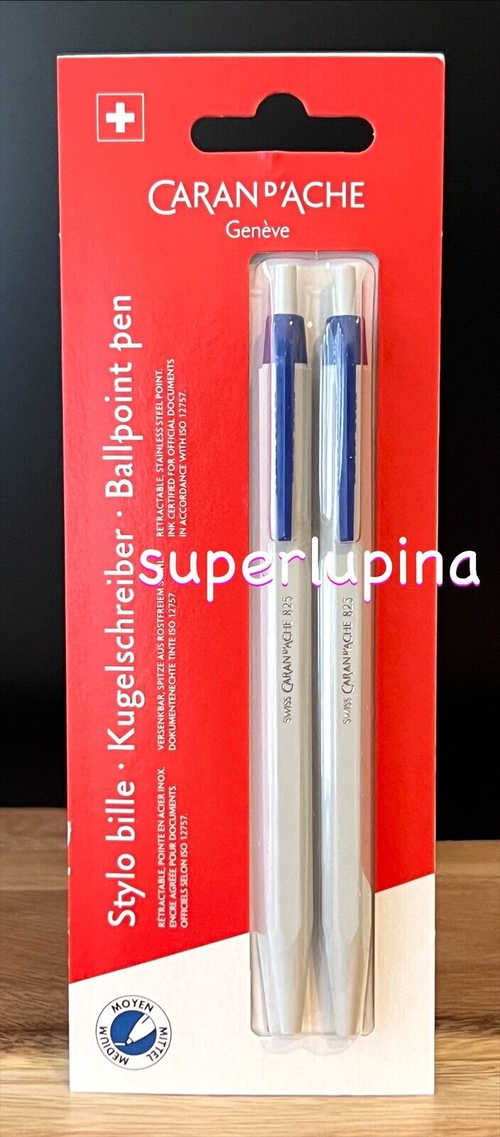 Caran D\'Ache Retractable BLUE #825 Ballpoint Pen 2-Pack NEW Gray-White Barrel