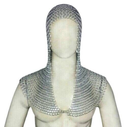 Chain mail Coif- V Neck, Chain mail Long Hood Medieval Armor Costume