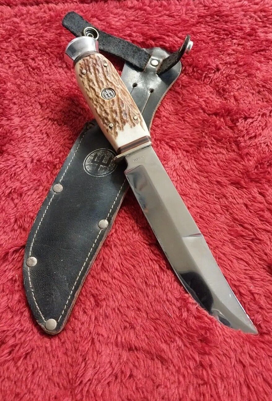 Vint Solingen German hunting Knife Bowie Red Stag Bone W/Case Ed Wusthof Trident