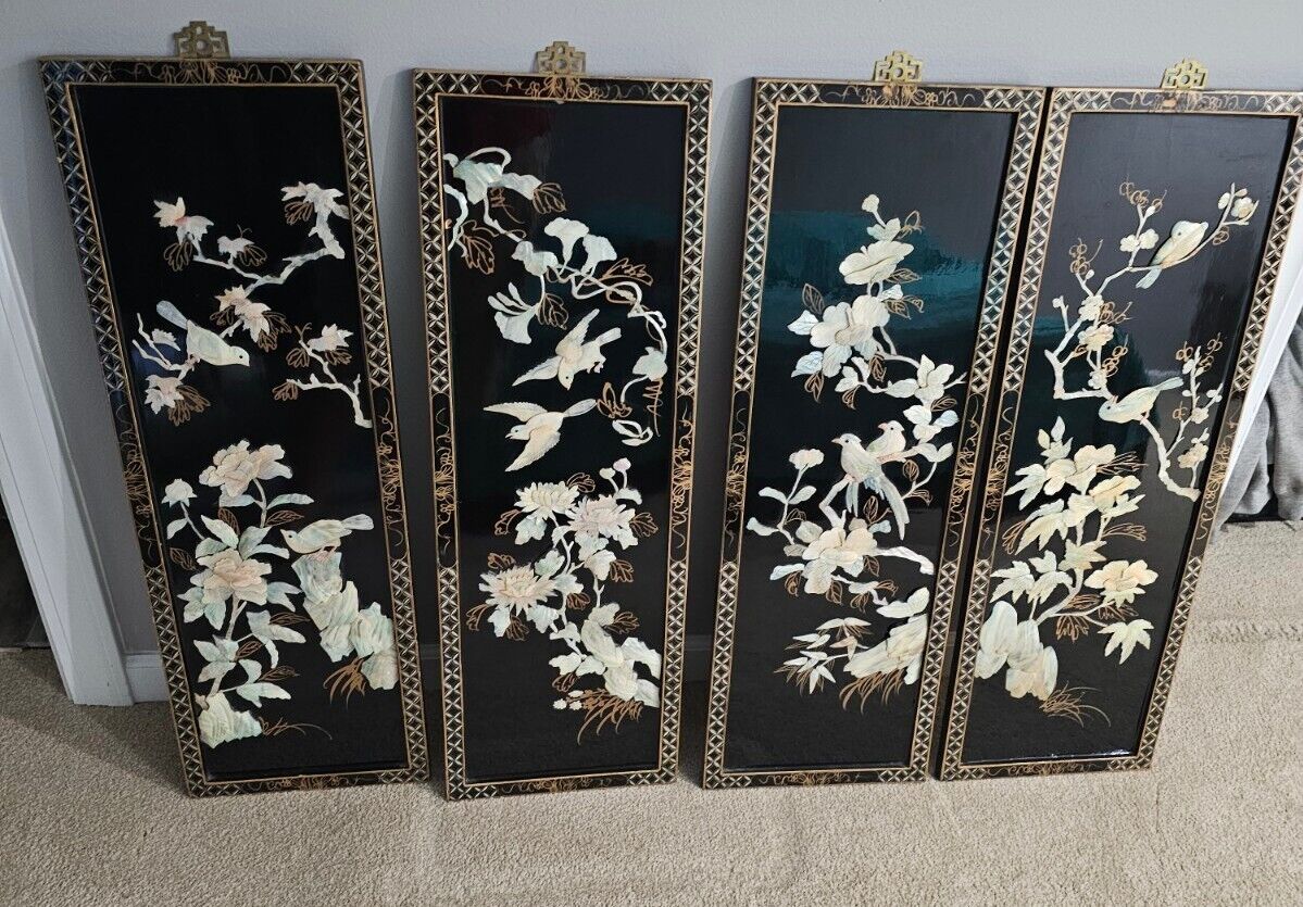 4 Asian/Oriental Hanging Wall Panels Mother Of Pearl Black Lacquer 36”X12 