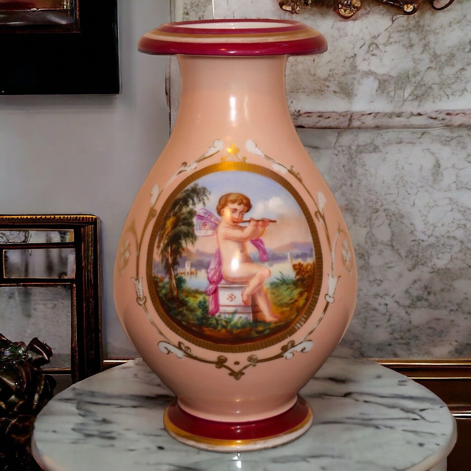 Circa 1860 French Napoleon III Old Paris Porcelain Hand Painted Cupid Motif Vase