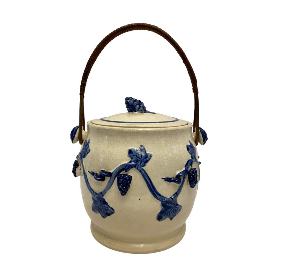 Antique Ceramic Biscuit Jar Grape Motif with Lid & Wicker Handle Japan