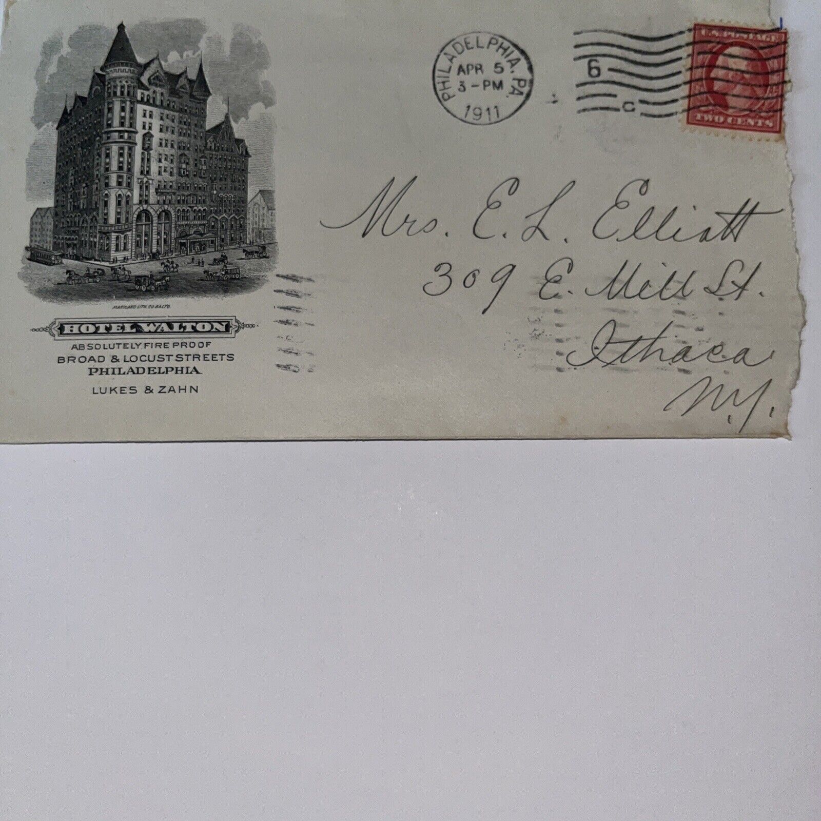 Antique 1911 Hotel Walton Stationary Envelope Cover Philadelphia PA to Ithaca NY