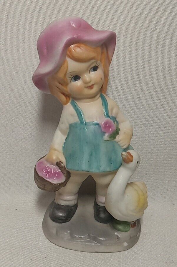 Vintage Kitschy Anart Porcelain Girl And Duck Figurine