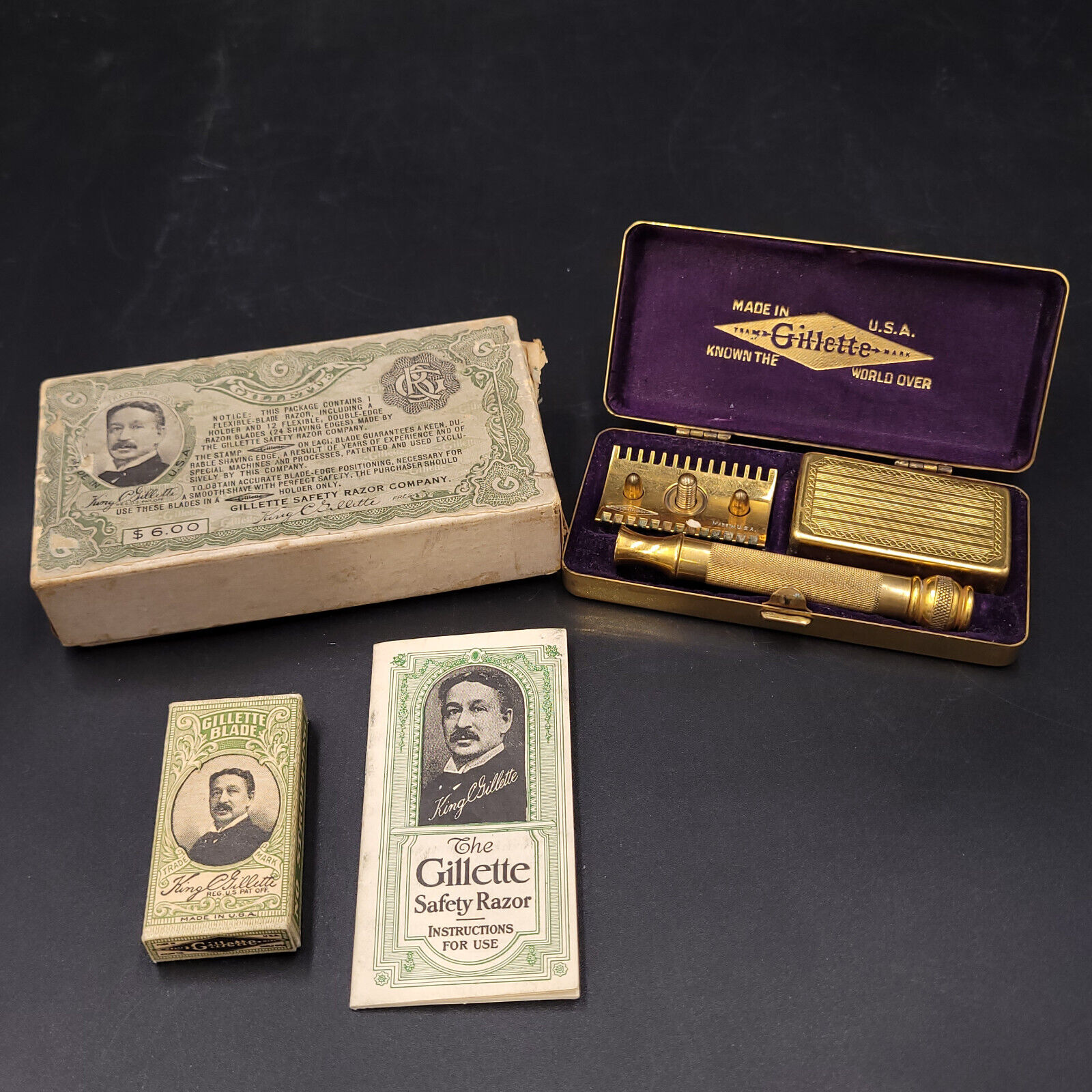 1920\'s Gillette Gold Pocket Edition Basket Weave Case w/ Original Box & Razors