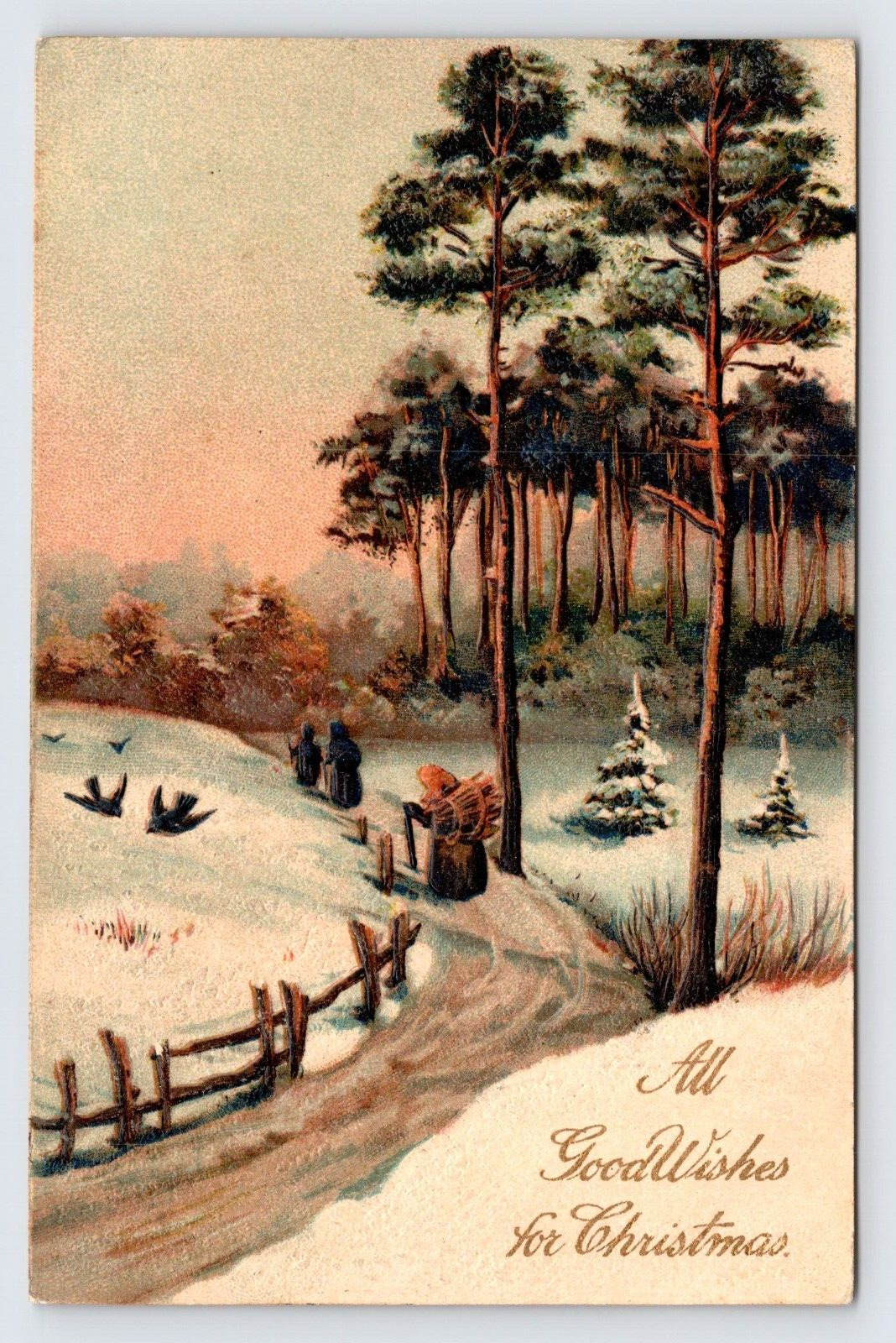 Good Wishes for Christmas, Winter Scene with Old Women Carrying Wood Postcard P3