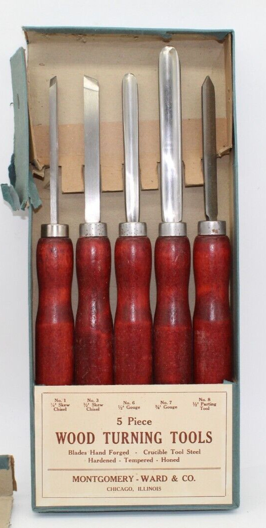 Vintage Montgomery - Ward & Co. Chicago 5 Piece Wood Turning Tools Original Box