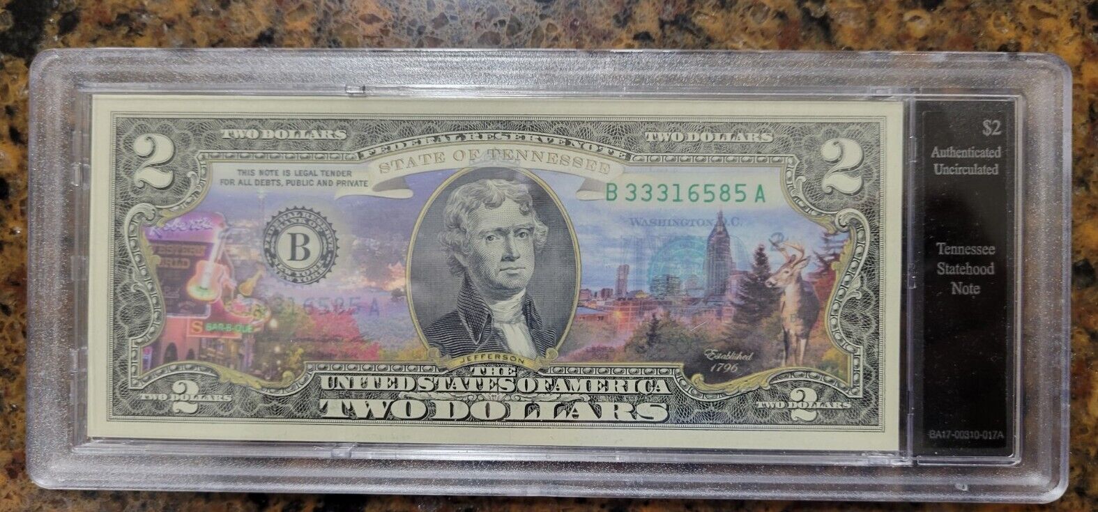 TENNESSEE Statehood Colorized $2 Bill *Legal Tender* in hard case