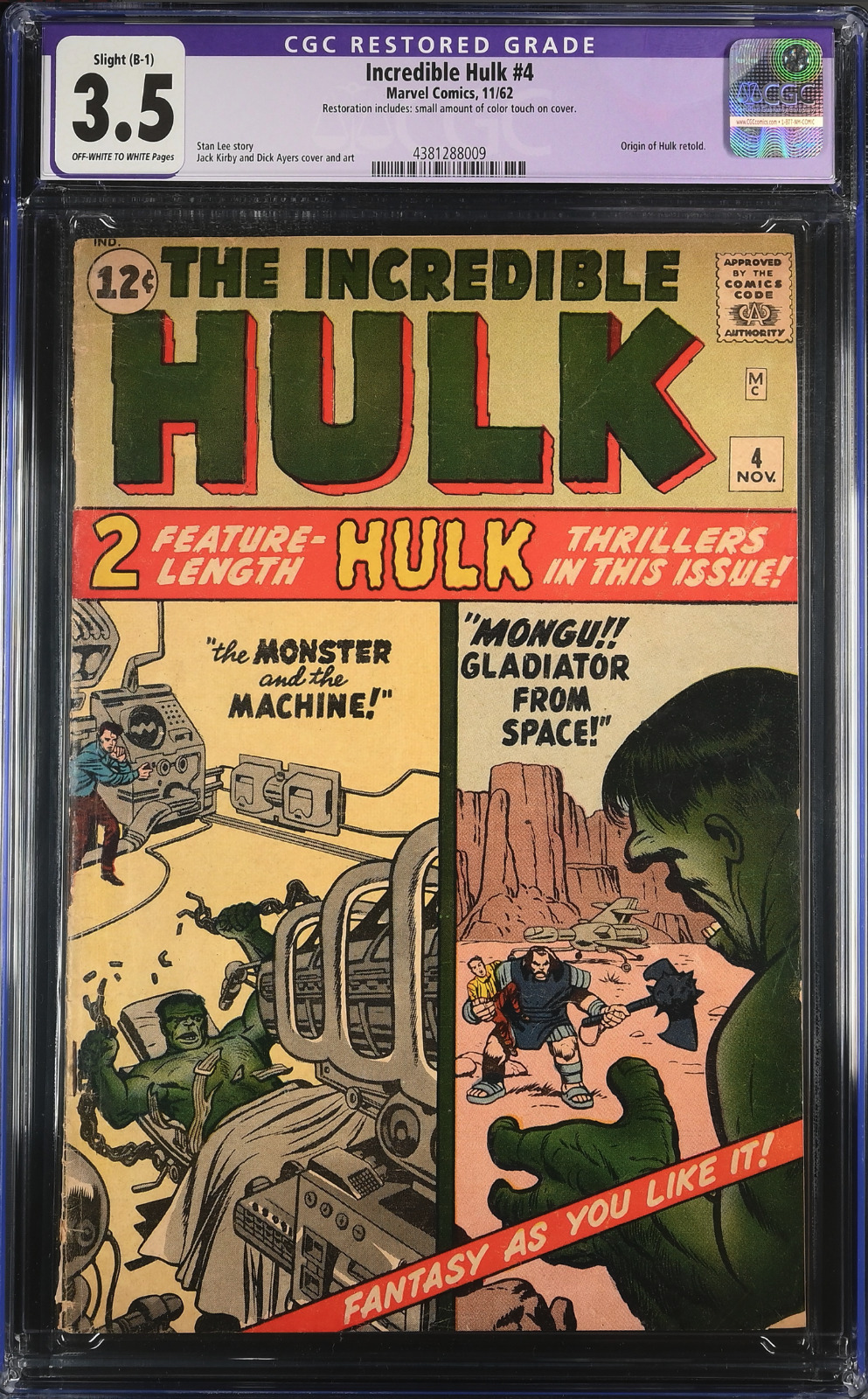 THE INCREDIBLE HULK #4 NOV 1962 CGC 3.5 OW/W PAGES *RESTORED* ORIGIN RETOLD