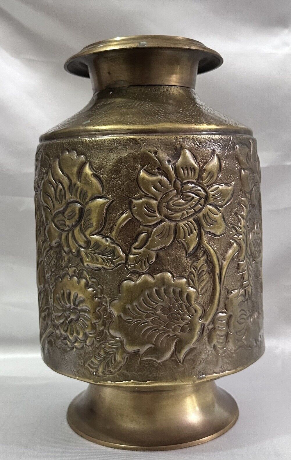 April Cornell 10” Tall Hand Hammered Brass Floral Design Vase Made In India