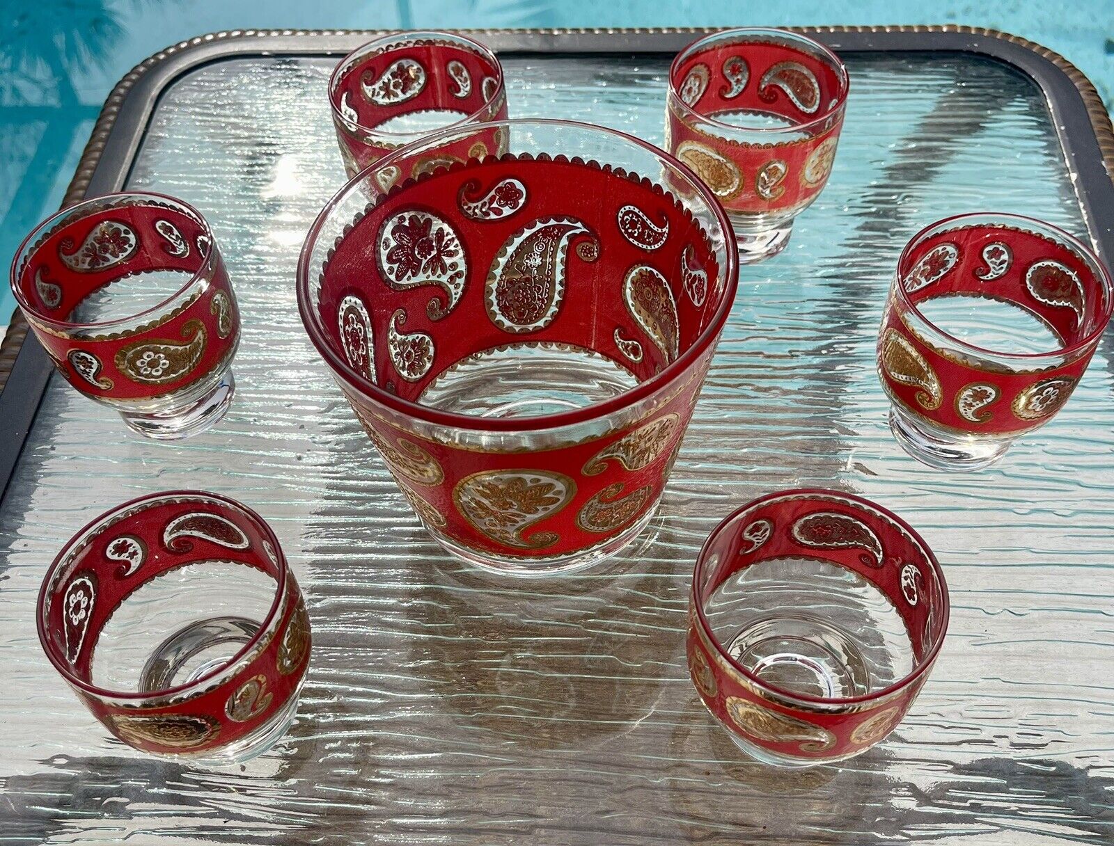 Vintage 1960’s Culver Paisley Whiskey Glasses Ice Bucket Set Red 22k Gold Foil