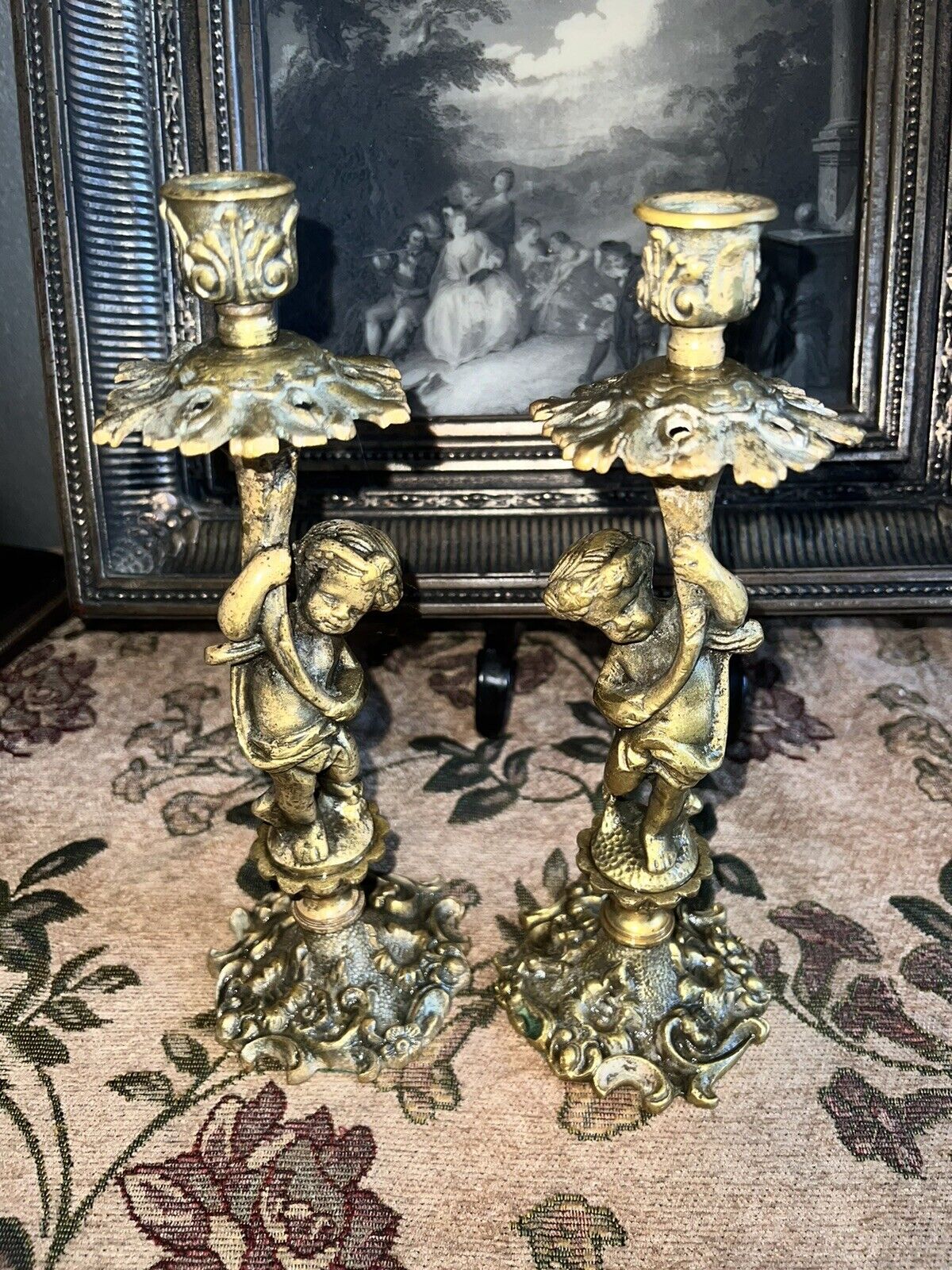 French set candelabros  putti VX  Cherub bronze