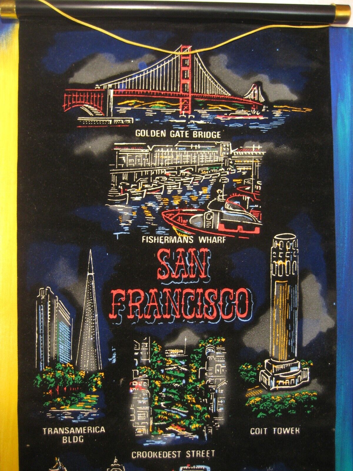 San Francisco Souvenir Velvet Wall Scroll Golden Gate, Wharf, Colt, Cable car