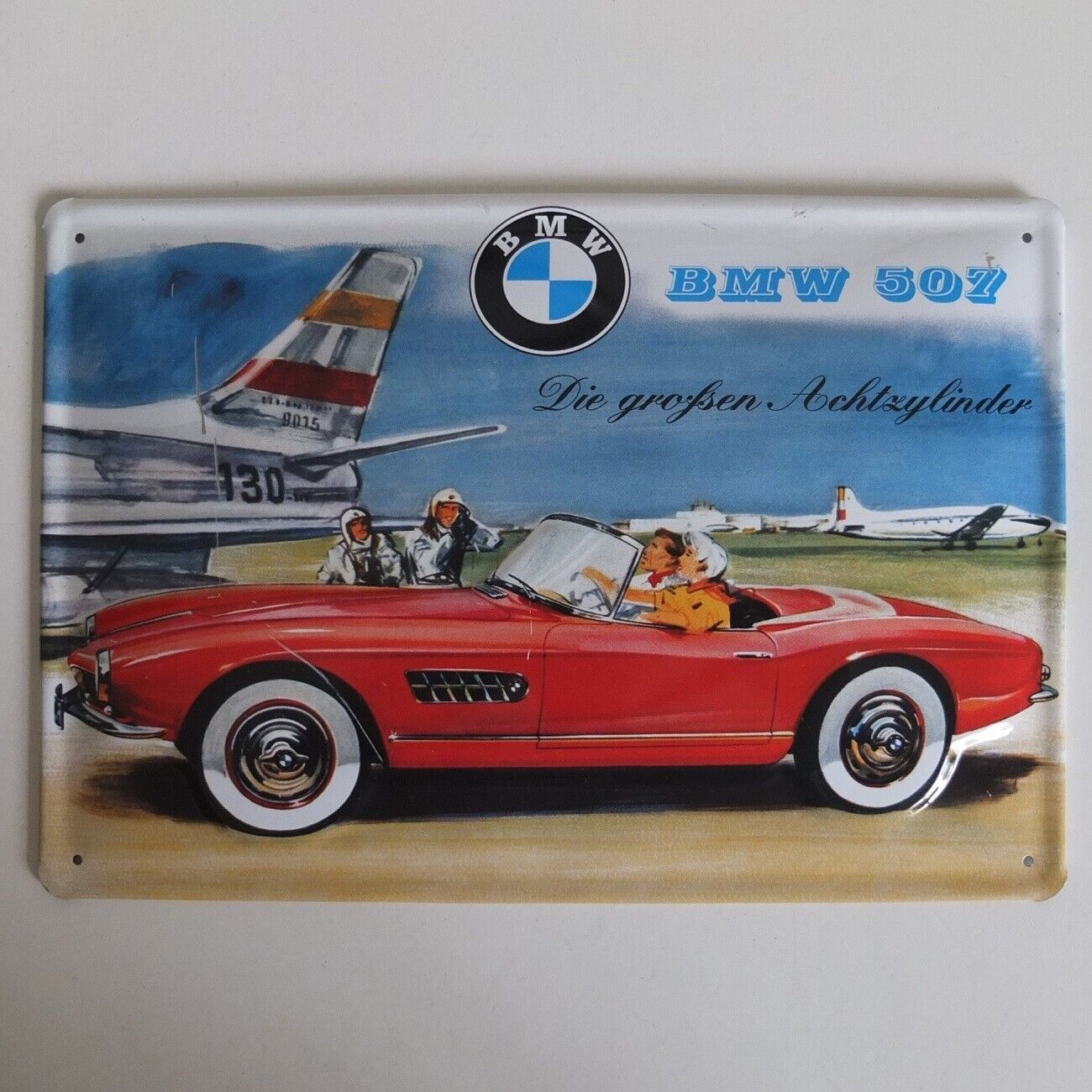 vintage BMW 507 stamped steel sign—11¾” x 7⅞\