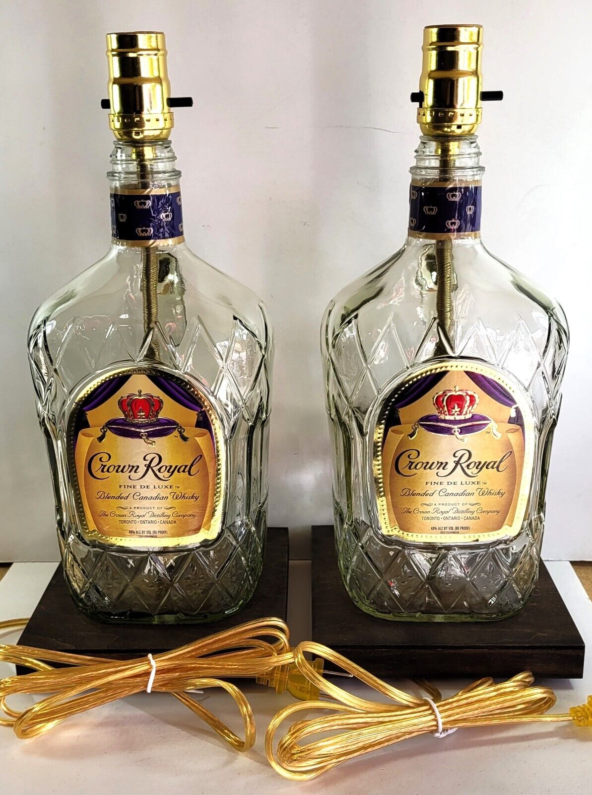 One PAIR Crown Royal 1.75L Liquor Bar Bottle TABLE LAMPS Lights with Wood Bases