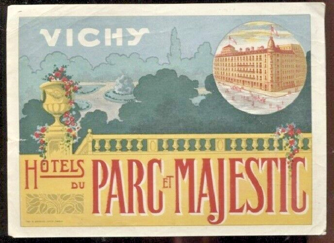 VINTAGE PRE WW2  VICHY FRANCE HOTELS du PARC et MAJESTIC BAGGAGE LABEL