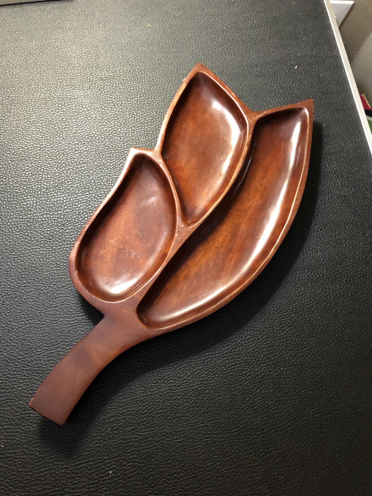 Vintage MCM Sectioned Mahogany Wood Leaf Shaped Tray Handmade in Haiti In EUC
