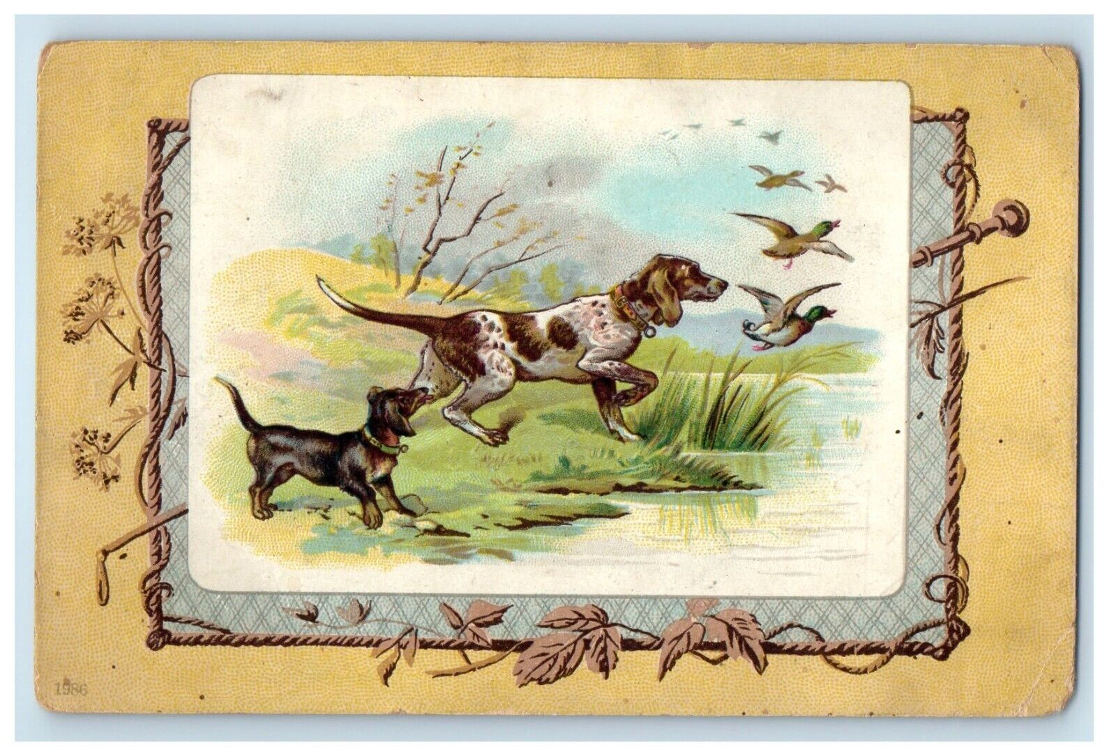 c1905 Two Hound Dogs Hunting Birds Near River Posted Antique Postcard