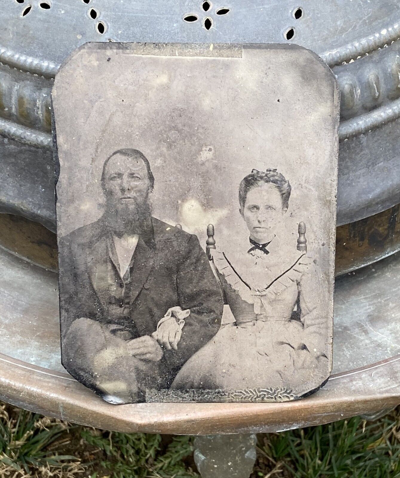Big Antique Tintype Photo Young Man & Woman in Old West Classic Western Clothing
