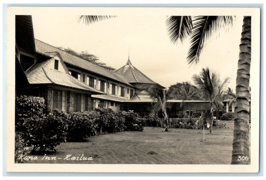 c1940's Kona Inn Palm Tree Hotel View Kailua-Kona HI RPPC Photo Postcard