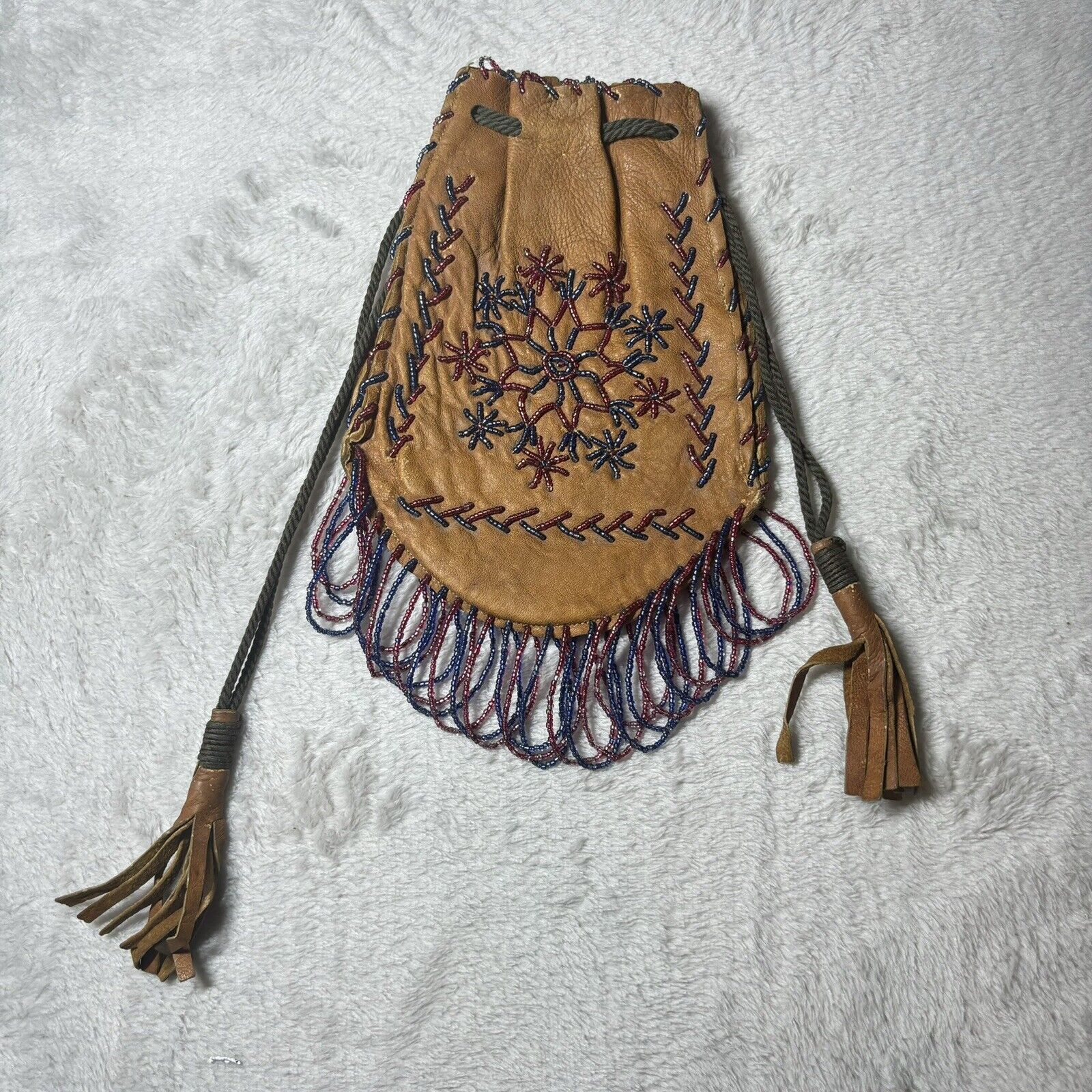 Native American Beaded Leather Medicine Bag Style Brown Floral  Pink Blue Pipe