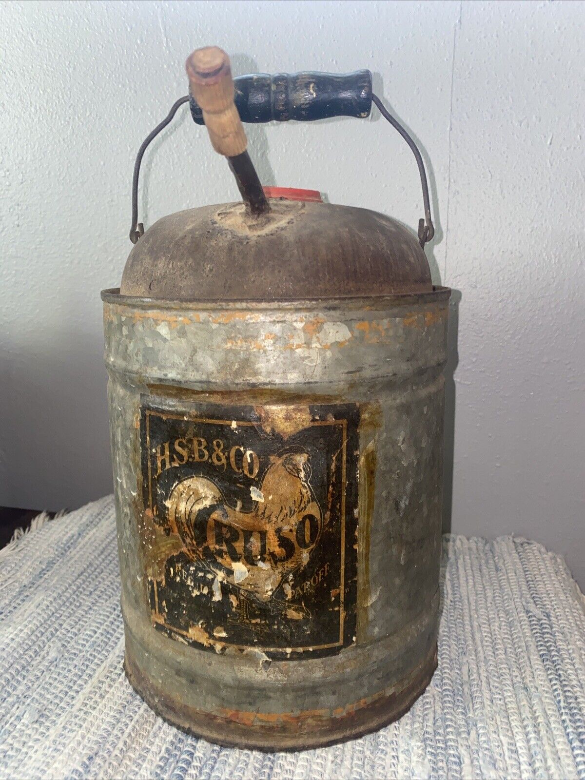 Old Galvanized Hibbard, Spencer, Bartlett & Co. Cruso Kerosene Oil Gas Can 8.5”