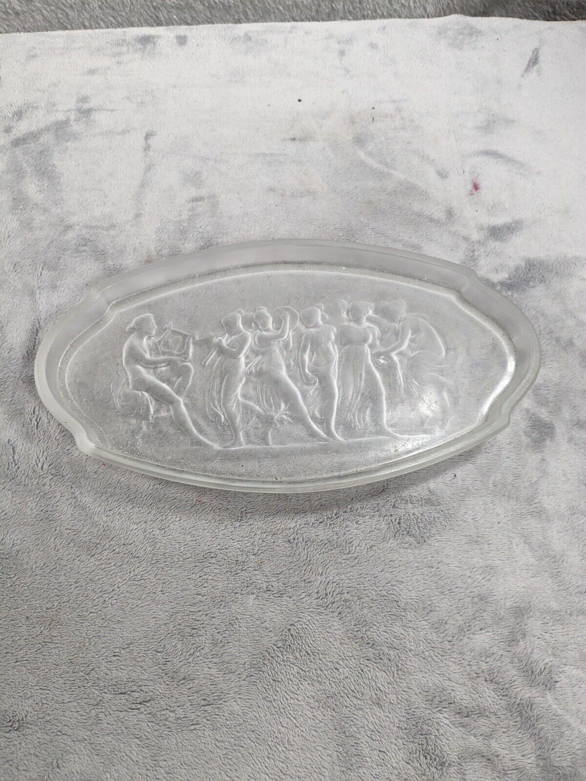 Rare Depression Frosted Glass Oval Tray Piper & 5 Dancing Ladies Art Nouveau