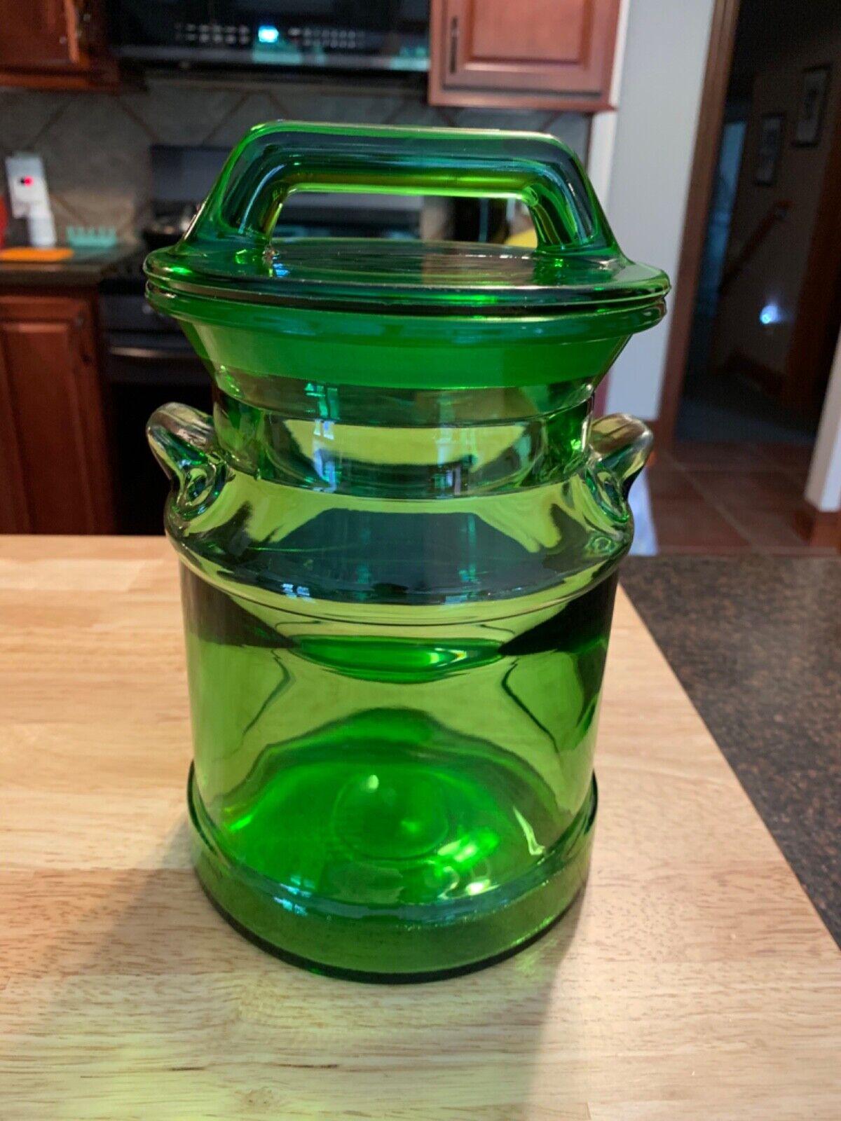 Vintage Green Glass Canister Milk Jug Jar with Lid