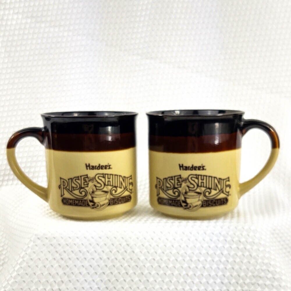 2 VTG 1989 HARDEES Rise and Shine Homemade Biscuits Ceramic Coffee Mugs LAST SET