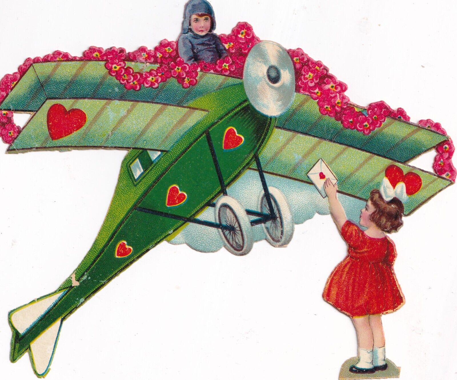 Large Vintage Antique Die Cut Scrap -Boy Girl Airplane Valentine 5.5x6.25 inches