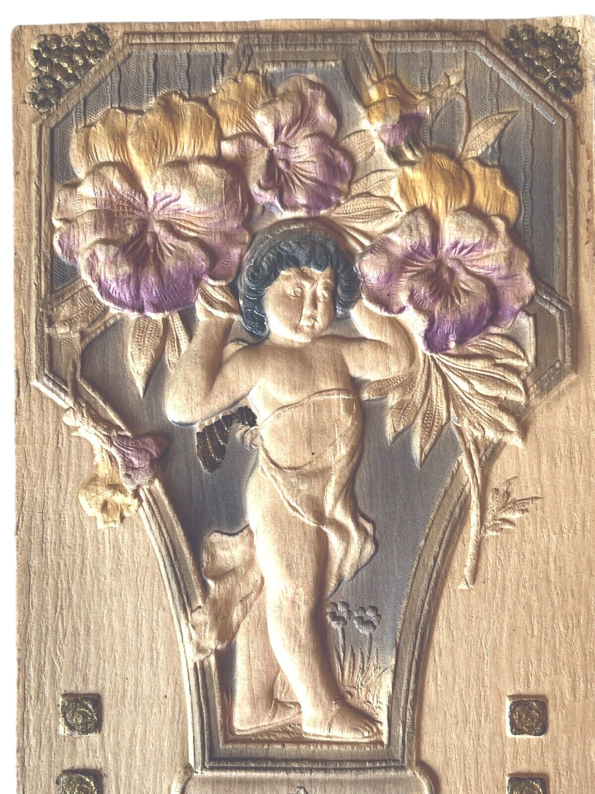 Antique Early 1900s Ephemera Postcard Bas Relief Statue Violets Birthday Wishes