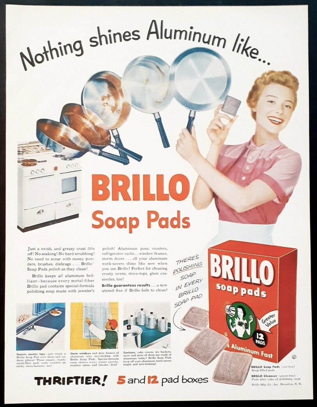 Brillo soap pads ad vintage 1955 housewife original advertisement