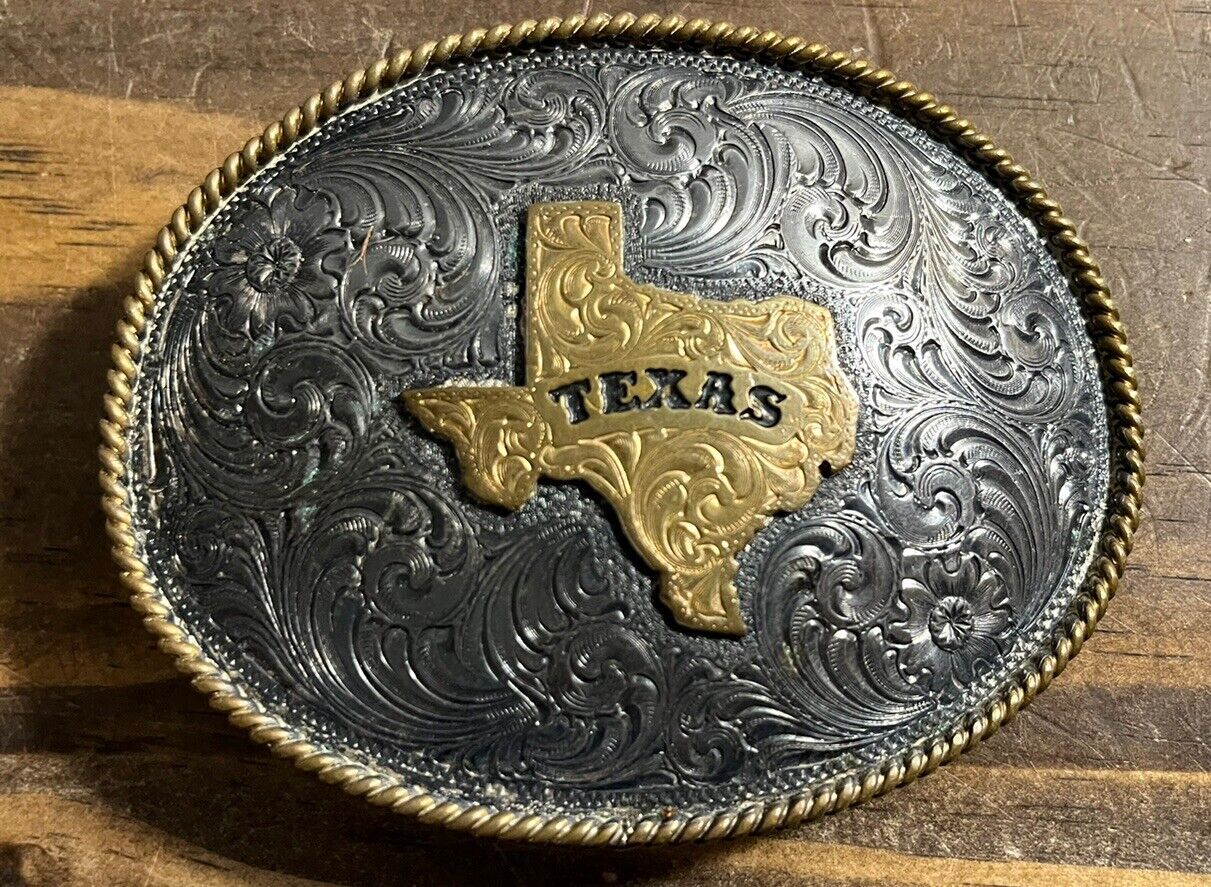 Vintage Montana Silversmiths Texas State Cowboy Silver Plated Gold Belt Buckle
