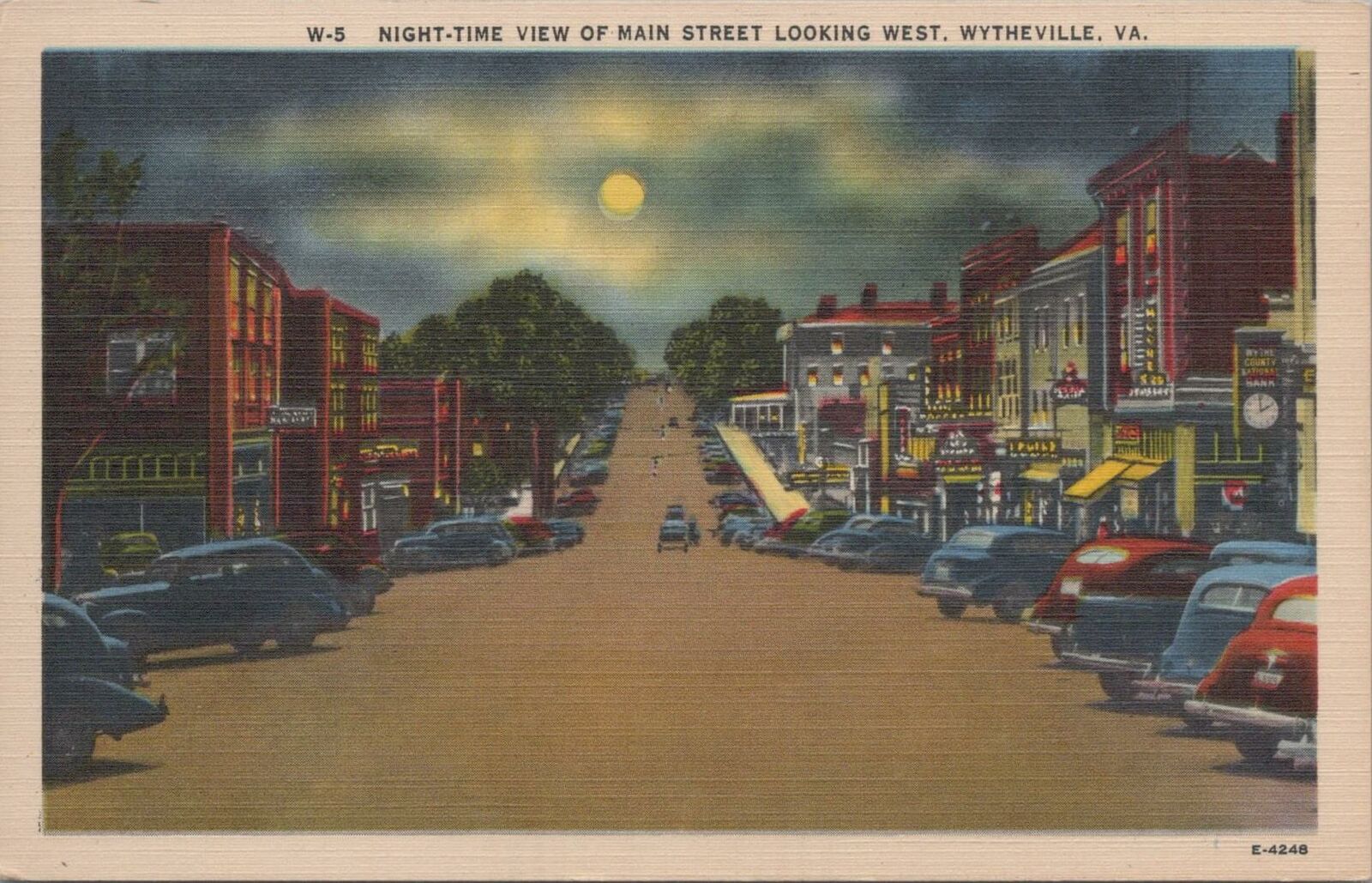 Postcard Night Time View Main Street Looking West Wytheville VA 