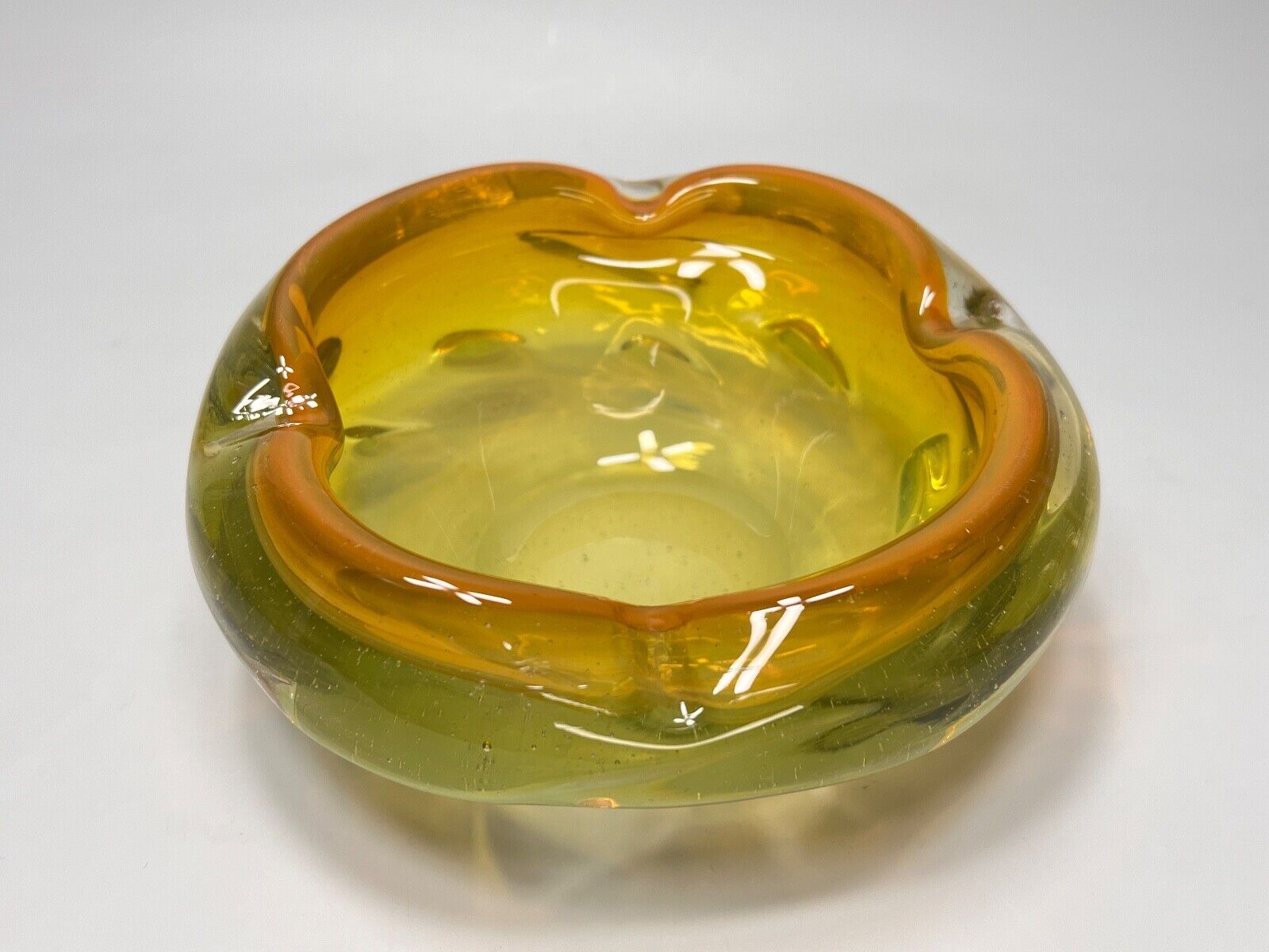 1960s Vintage MCM Bohemian Czech Glass Ashtray Organic Yellow & Amber