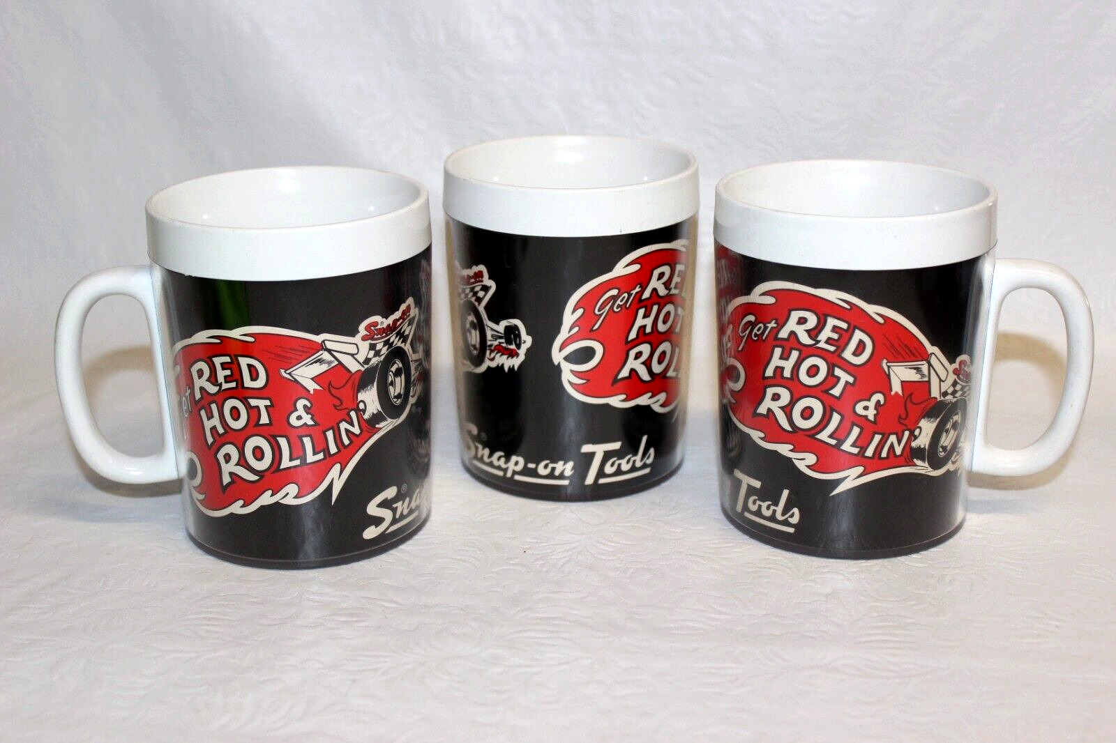 3 RARE VINTAGE NEW OLD STOCK SNAP-ON RED HOT ROLLIN CUP MUG THERMO-SERV USA MADE