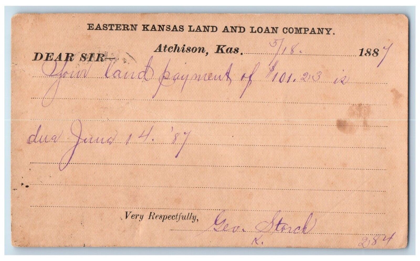 1887 Eastern Kansas Land and Loan Company Atchison Kansas KS Postal Card