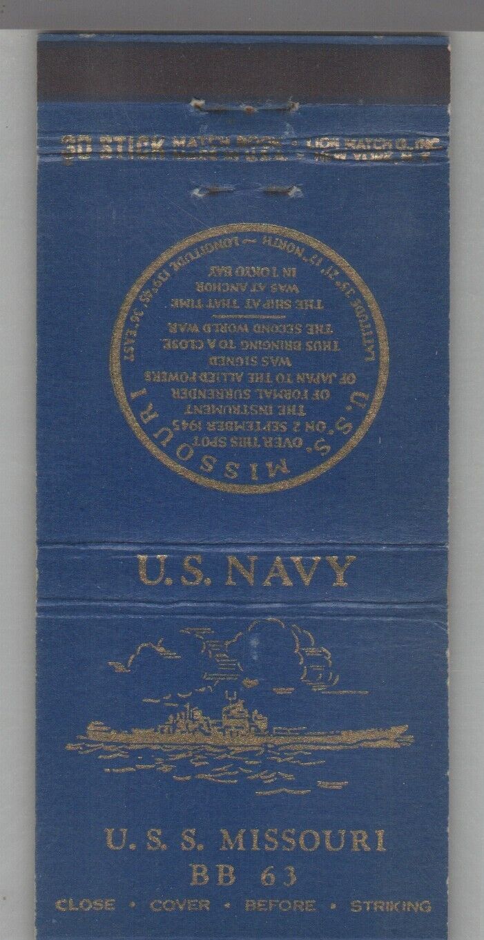 Matchbook Cover - US Navy Ship USS Missouri BB-63
