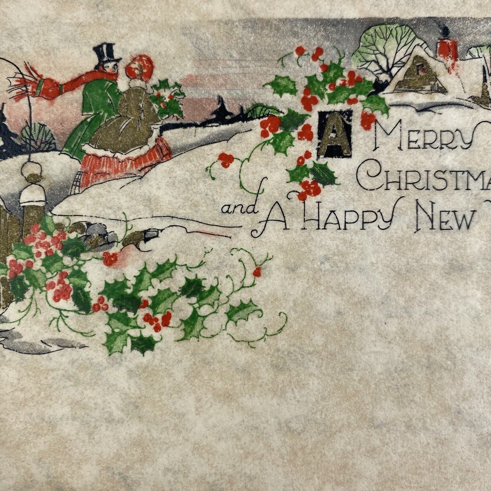 Vintage Early Mid Century Christmas Greeting Card Victorian Family Parchment