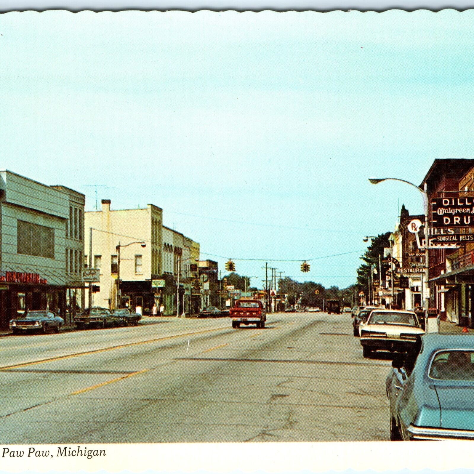 c1970s Paw Paw, Mich. Downtown Stores Postcard Cars Main St Sam Burke MI Vtg A79