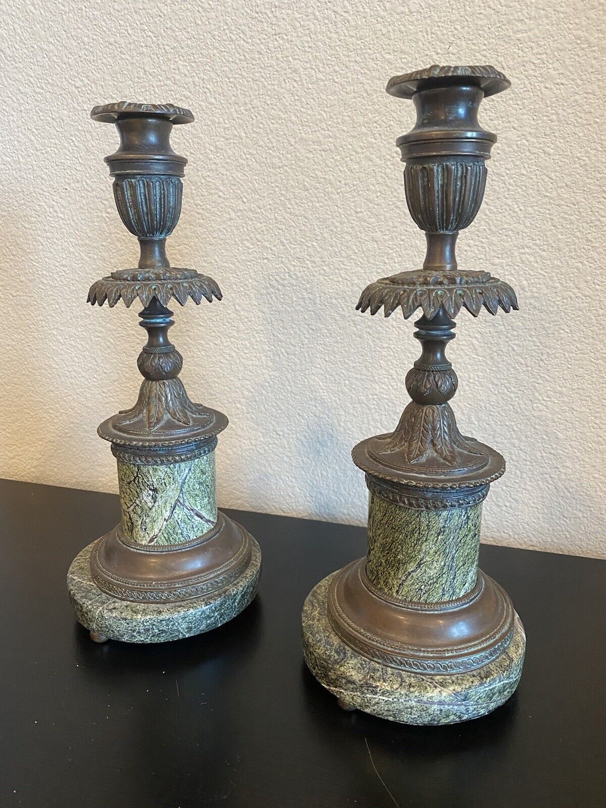 Antique Set of 2 Brass Marble Candlestick