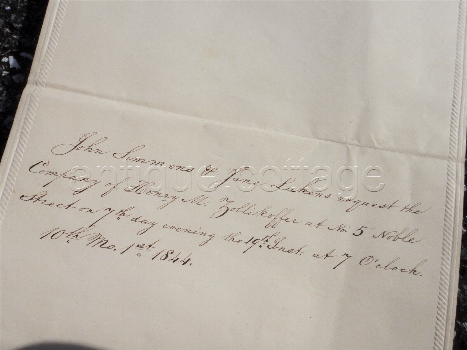 1844 antique HANDWRITTEN INVITE quaker JOHN SIMMONS & JANE LUKENS to ZOLLIKOFFER