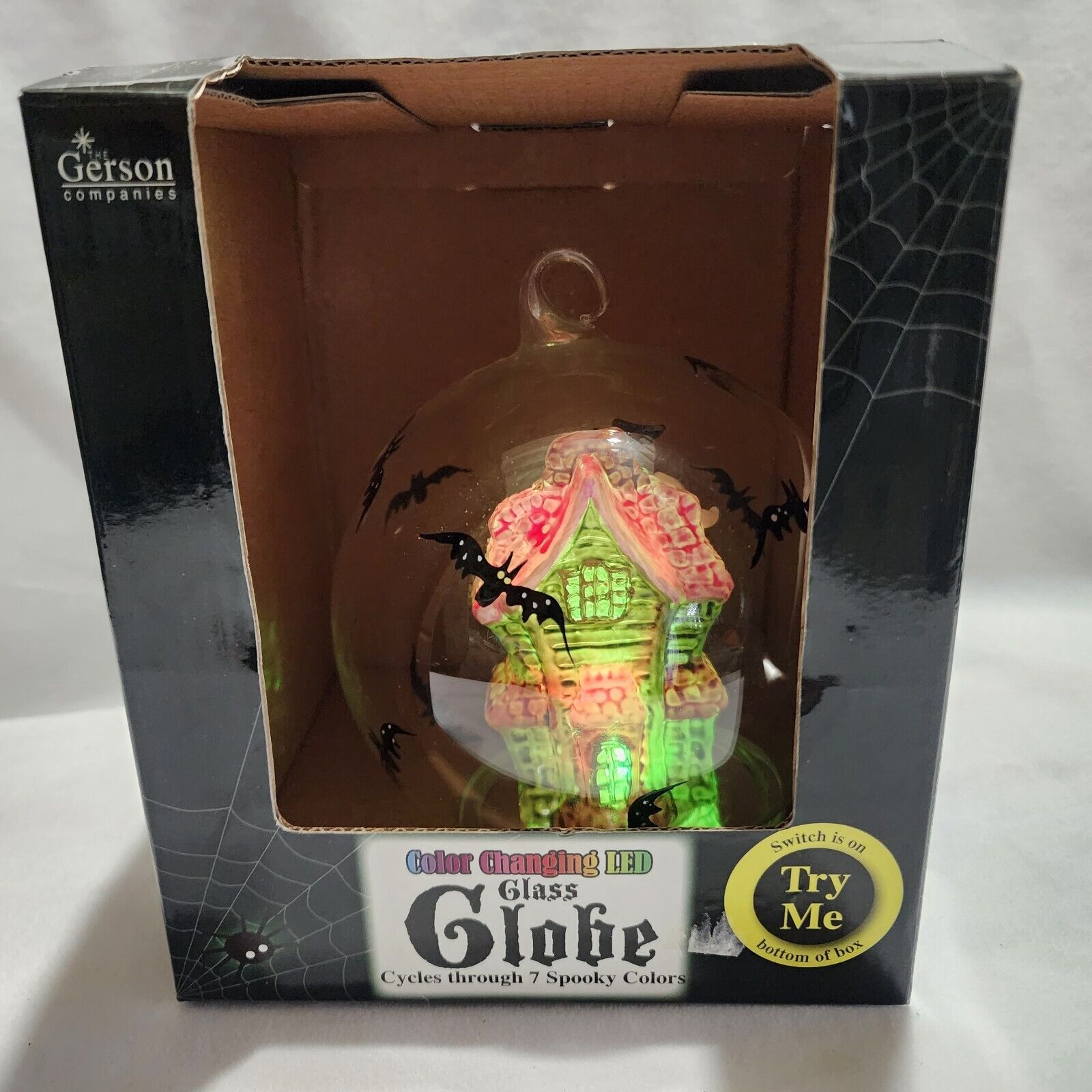 Gerson SPOOKY HALLOWEEN LED Glass Globe 7 Changing Colors GHOST HOUSE  EUC W Box