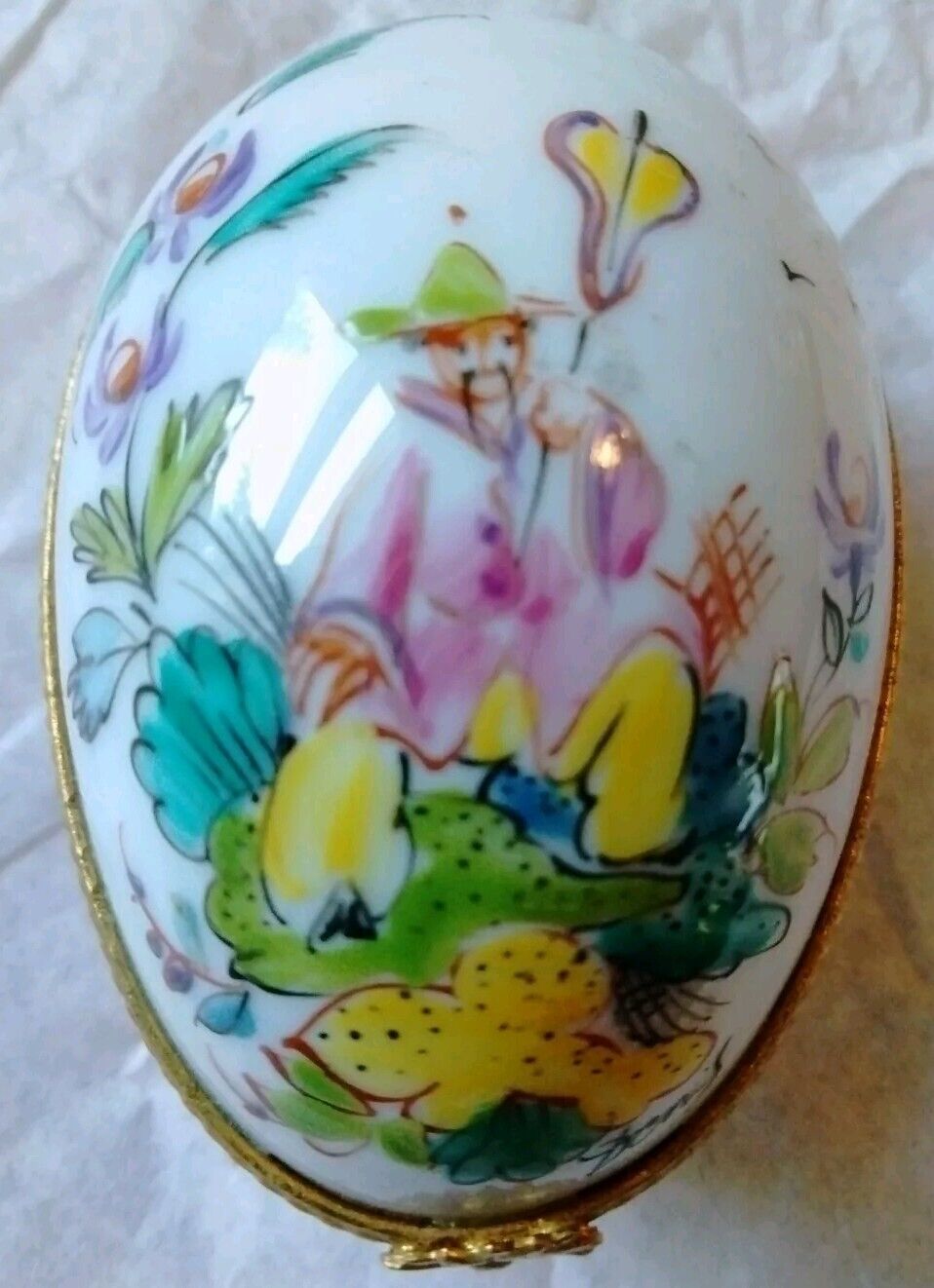 Limoges France Porcelain Asian Scene Hinged Egg Shaped Trinket Box