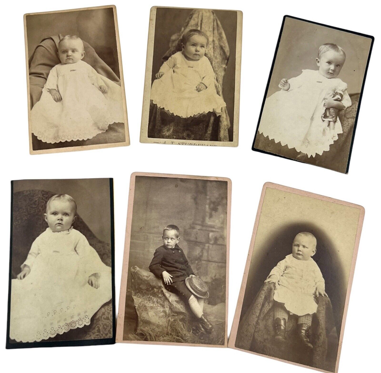 Antique Cabinet Photos 5 Babies And A Little Boy Sepia Tones Cherub Faces 3.75”